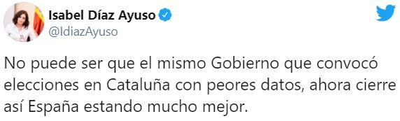 El tuit de Isabel Díaz Ayuso contra el Gobierno