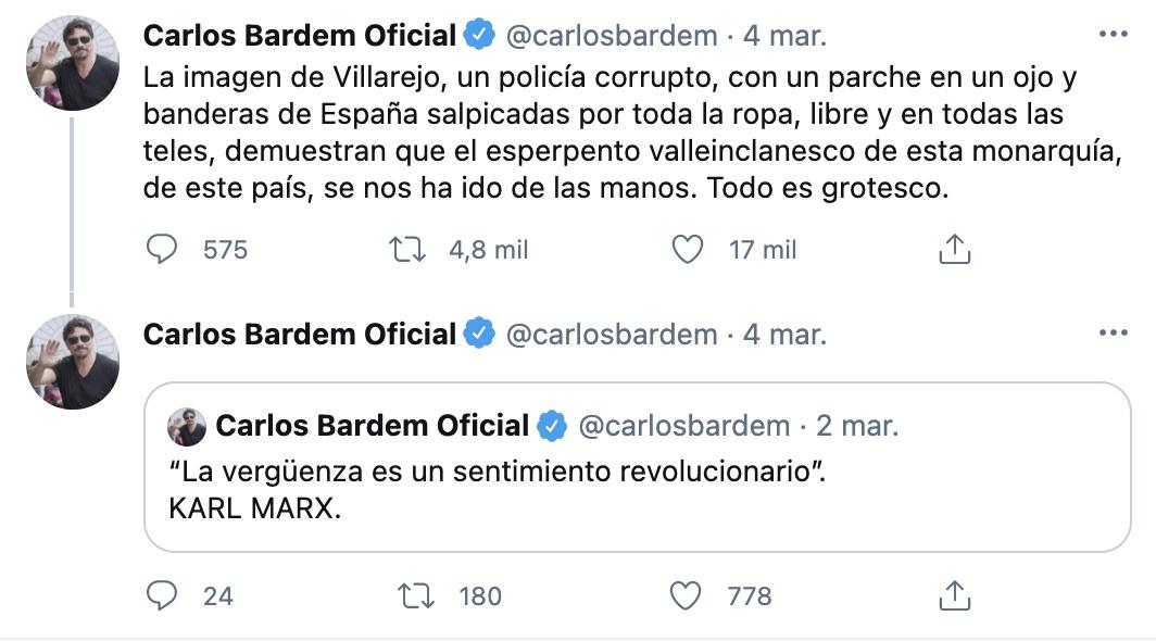 Tuit de Carlos Bardem sobre la liberación de Villarejo