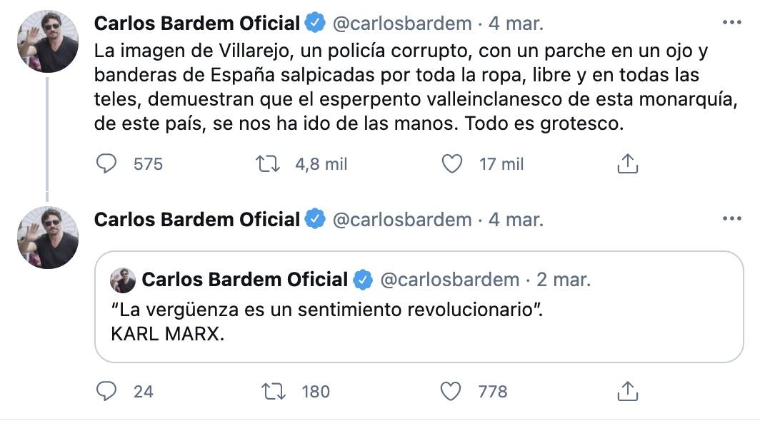 Tuit de Carlos Bardem sobre la liberación de Villarejo Tuit de Carlos Bardem sobre la liberación de Villarejo