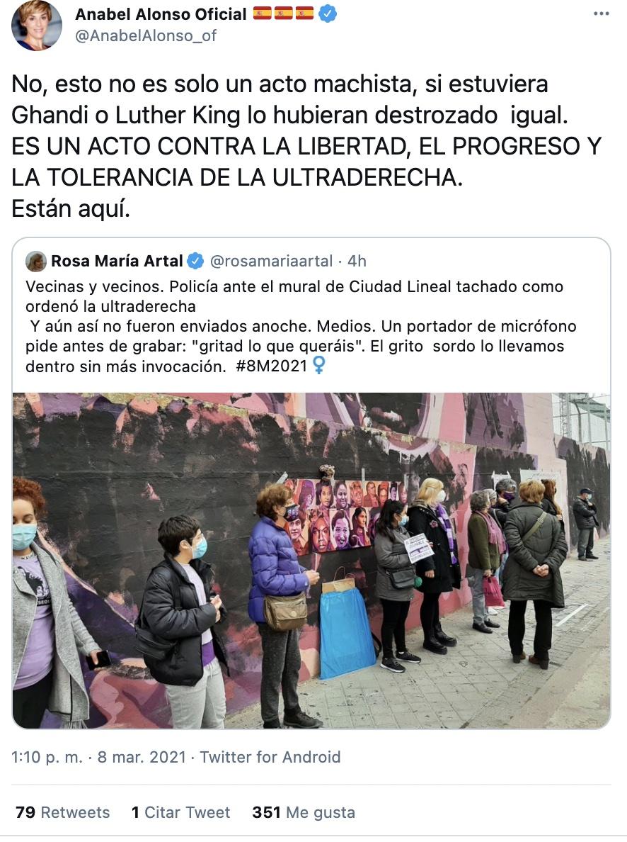 Tuit de Anabel Alonso por el ataque al mural feminista de Ciudad Lineal Tuit de Anabel Alonso por el ataque al mural feminista de Ciudad Lineal