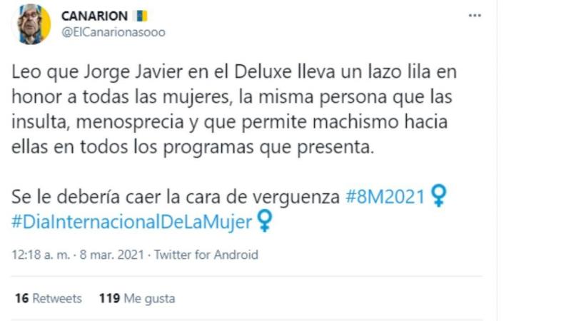 Criticas a Jorge Javier por su apoyo al feminismo 2. Twitter