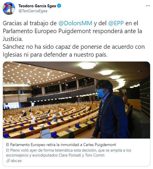 Teodoro García Egea reacciona a la suspensión de la inmunidad de Puigdemont