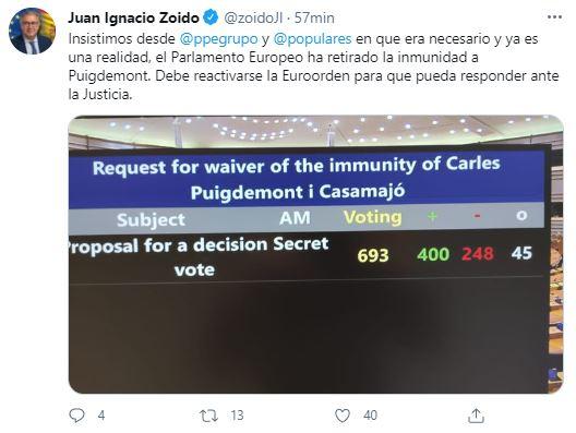 Tuit de Juan Ignacio Zoido tras los resultados de la votación sobre la suspensión de la inmunidad de Carles Puigdemont