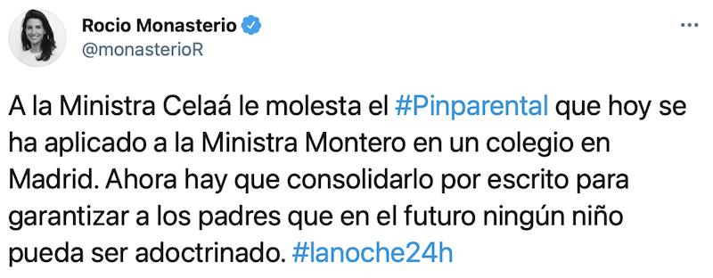 Tuit de Rocío Monasterio sobre el pin parental