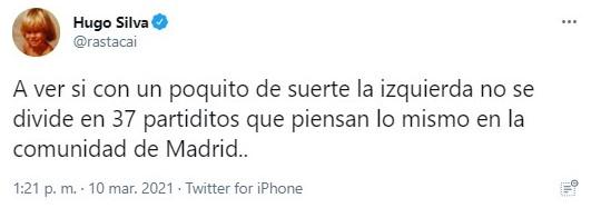 Hugo Silva comenta el futuro político de la izquierda madrileña en Twitter. Hugo Silva comenta el futuro político de la izquierda madrileña en Twitter.