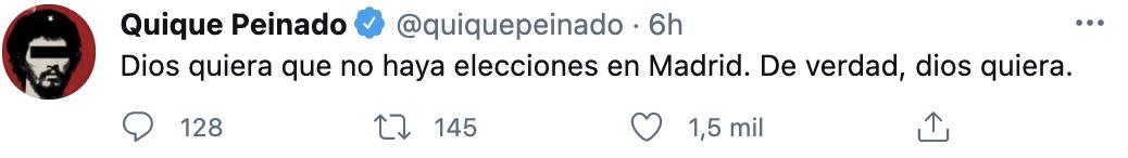 Tuit de Quique Peinado sobre las elecciones en Madrid Tuit de Quique Peinado sobre las elecciones en Madrid