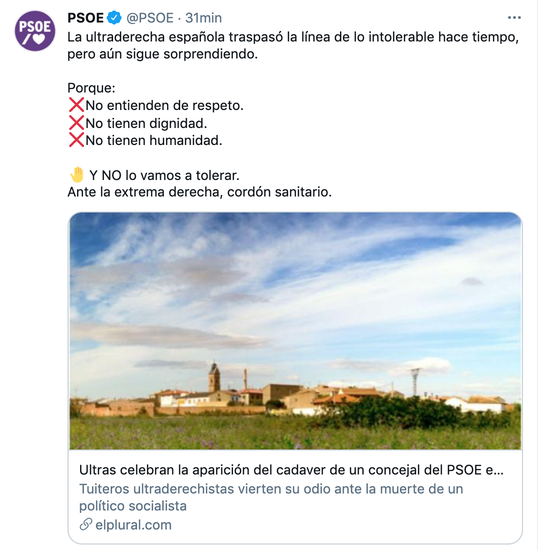 Tuit del PSOE sobre la ultraderecha. Twitter Tuit del PSOE sobre la ultraderecha. Twitter