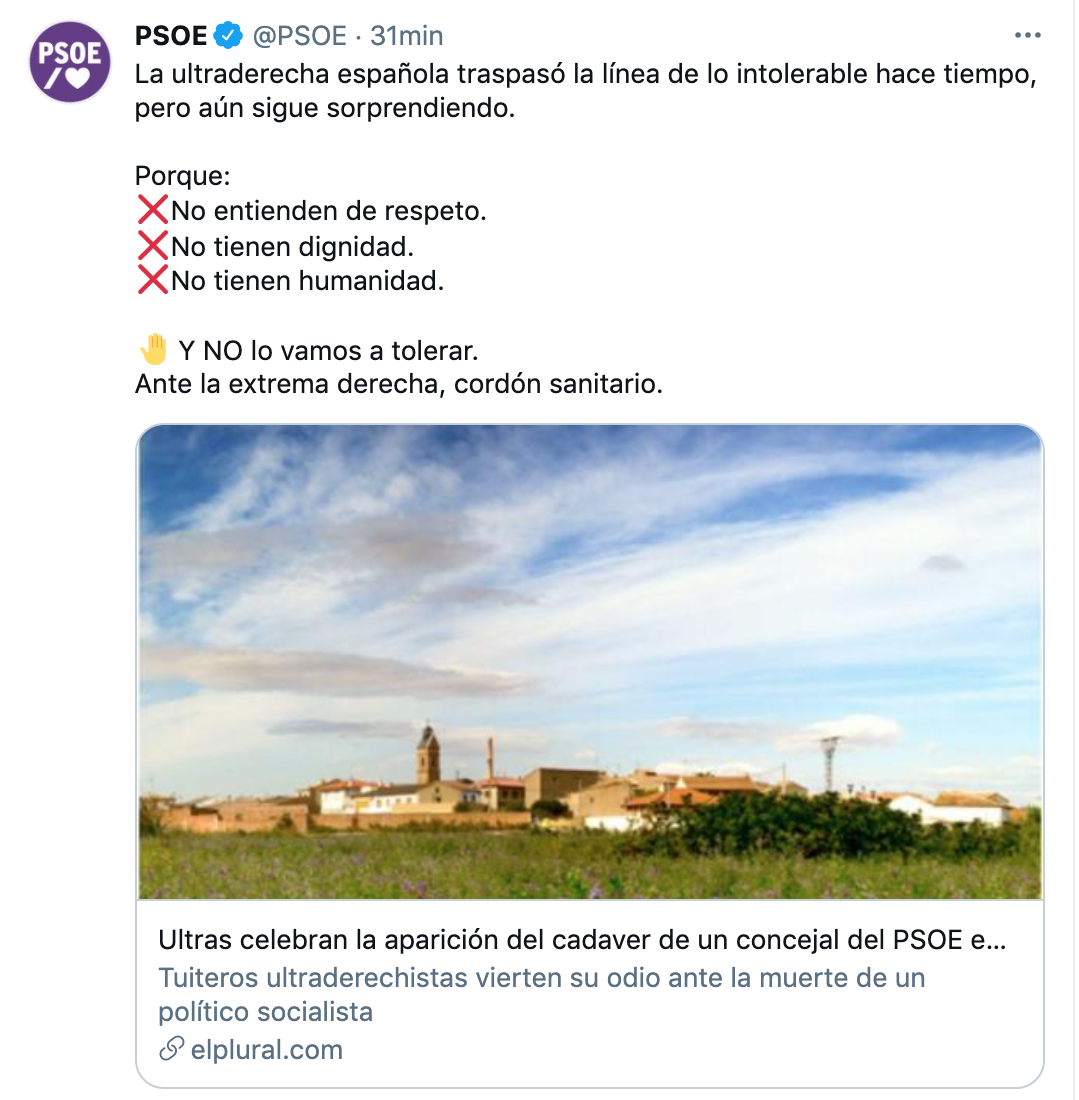 Tuit del PSOE sobre la ultraderecha. Twitter