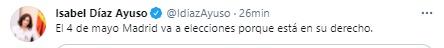 Mensaje de Ayuso sobre elecciones