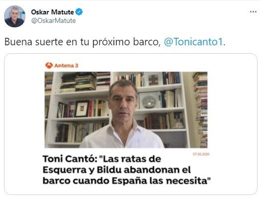 El 'zasca' de Oskar Matute a Toni Cantó por su dimisión, Twitter