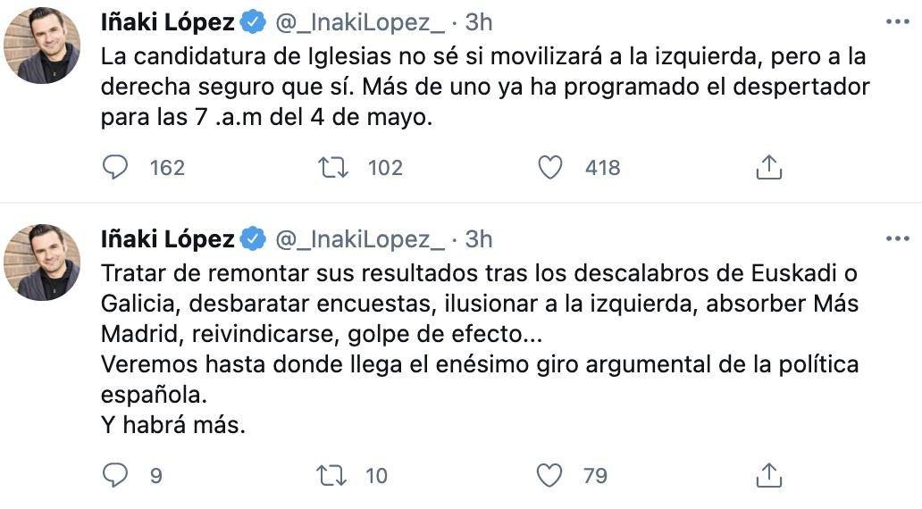 Tuit de Iñaki López sobre las elecciones en la Comunidad de Madrid