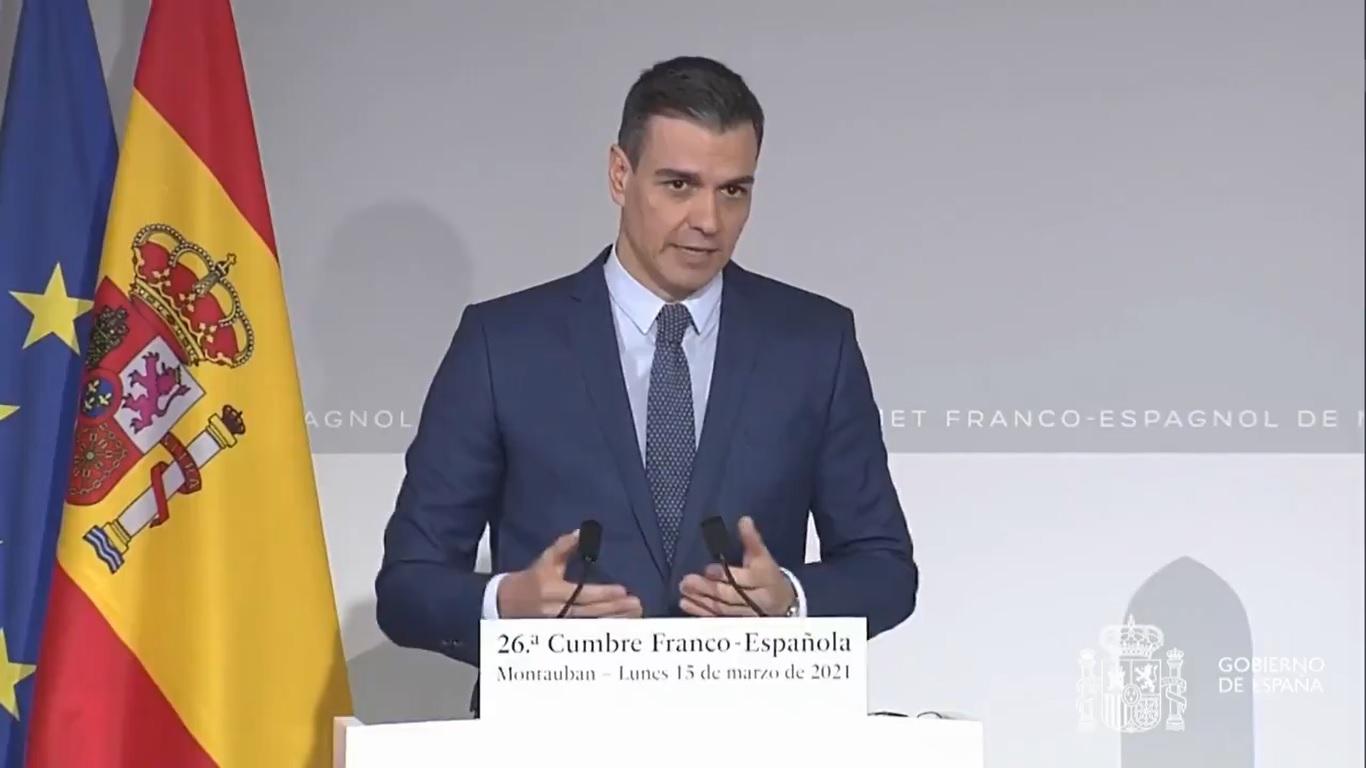 El presidente del Gobierno, Pedro Sánchez, durante la rueda de prensa posterior a la XXVI Cumbre Franco-Española.
