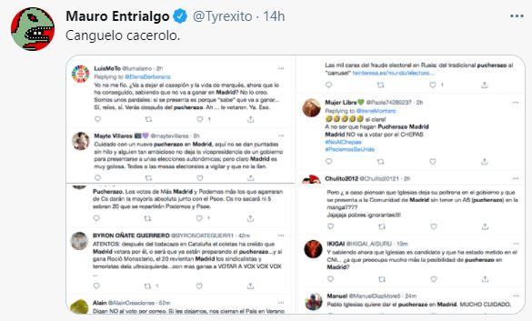 Tuit de Mauro Entrialgo sobre los usuarios que hablan ya de pucherazo en Madrid