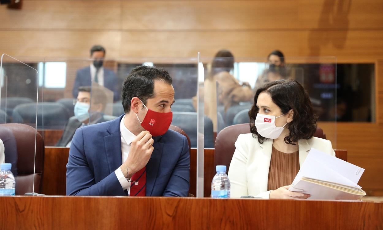 La presidenta de la Comunidad de Madrid, Isabel Díaz Ayuso, y el exvicepresidente de la Comunidad de Madrid, Ignacio Aguado. EP