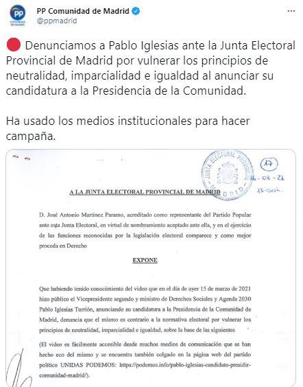 Tuit del PP de Madrid con la denuncia a UP ante la JEP