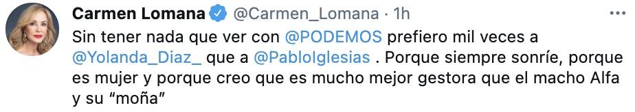 Tuit de Carmen Lomana sobre Podemos