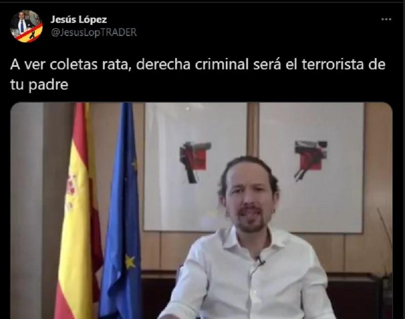 Tuit del concejal Jesús López contestando a Pablo Iglesias