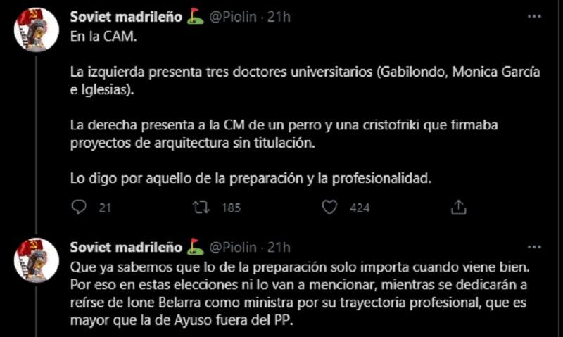Tuit que recuerda los curriculum de los candidatos de la izquierda Tuit que recuerda los curriculum de los candidatos de la izquierda