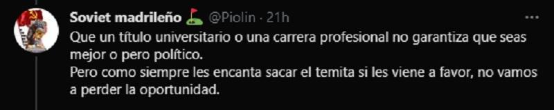 Tuit de Soviet Madrileño reprocha a la derecha que no hable de los curriculum de la izquierda Tuit de Soviet Madrileño reprocha a la derecha que no hable de los curriculum de la izquierda