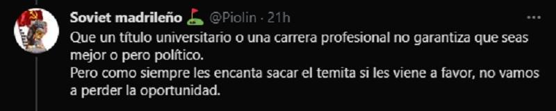 Tuit de Soviet Madrileño reprocha a la derecha que no hable de los curriculum de la izquierda