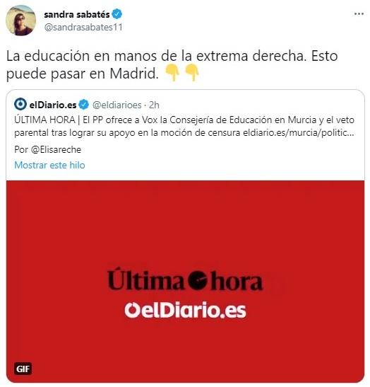 Sandra Sabatés reacciona al pacto educacional de Vox y PP en Murcia, Twiiter.