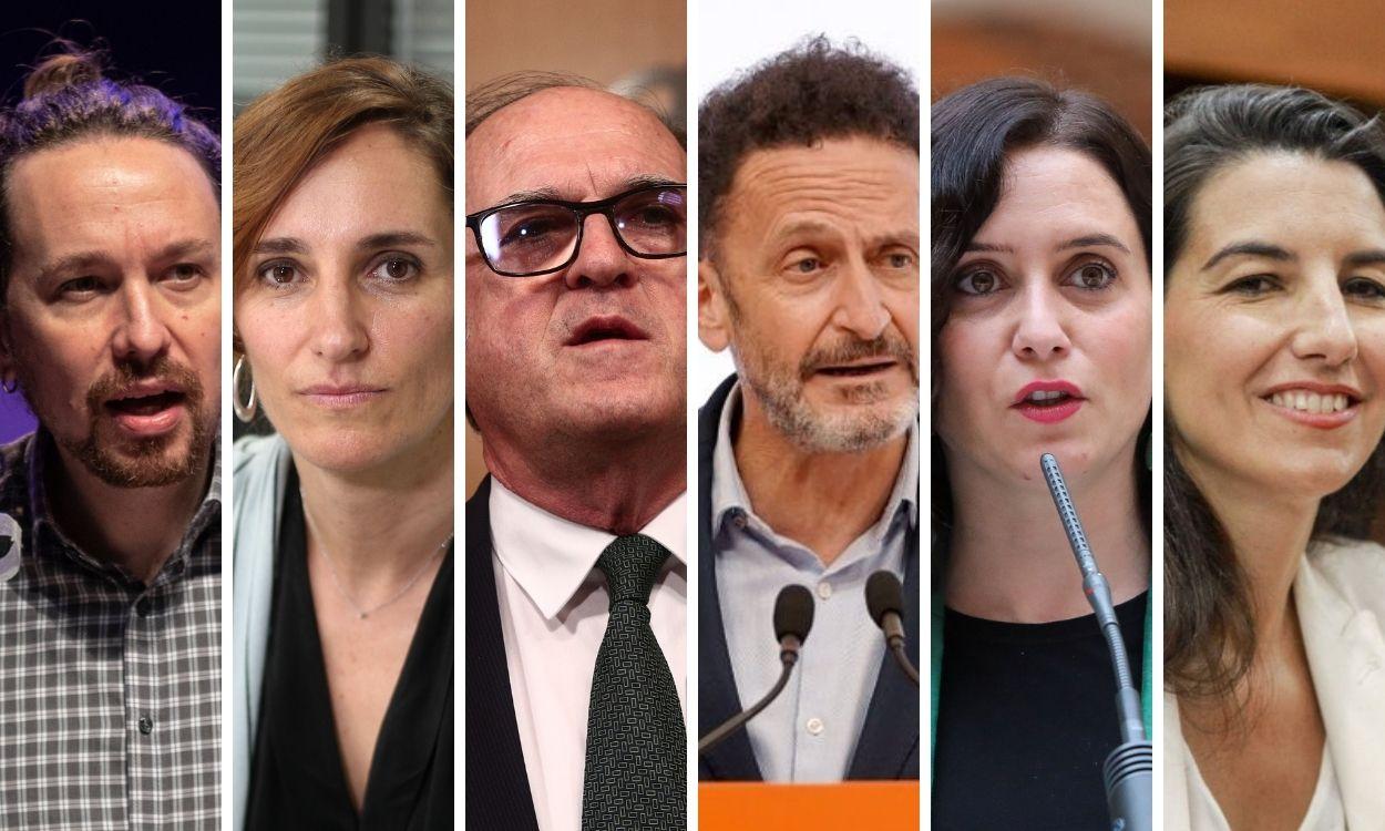 Líderes en la Comunidad de Madrid: Pablo Iglesias (Podemos), Mónica García (Más País), Ángel Gabilondo (PSOE), Edmundo Bal (Cs), Isabel Díaz Ayuso (PP) y Rocío Monasterio (Vox)