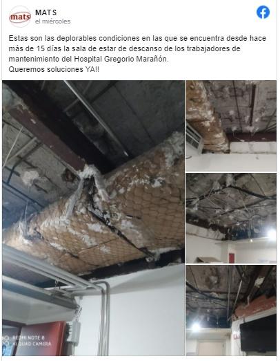 Facebook del sindicato MATS sobre el estado de la sala de descanso del Gregorio Marañón