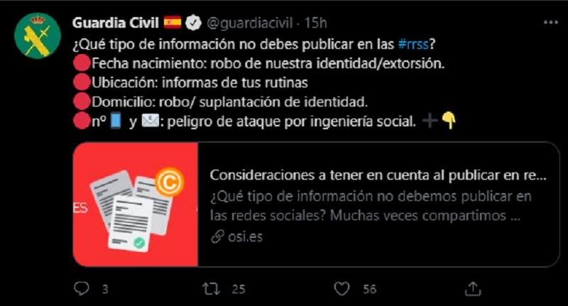 Tuit de la Guardia Civil alertando de lo que no se debe publicar en redes