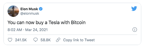 Elon Musk anunció el pago de vehículos Tesla con bitcoins