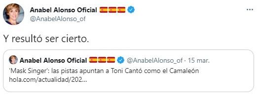 Anabel Alonso comenta el nuevo fichaje de Toni Cantó en el PP, Twitter.