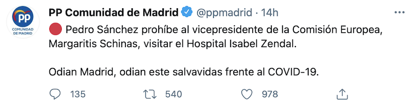 Tuit del PP en la Comunidad de Madrid