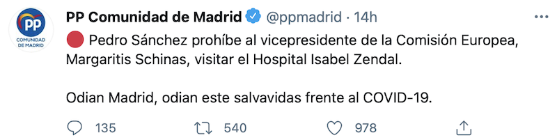 Tuit del PP en la Comunidad de Madrid Tuit del PP en la Comunidad de Madrid