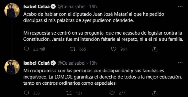 Celáa explica en un tuit que pidió perdón a un diputado del PP tras un debate sobre educación especial
