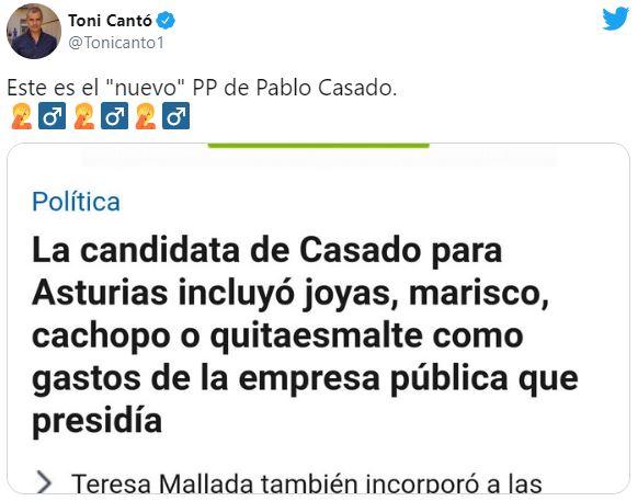 El tuit de Toni Cantó criticando al PP de Pablo Casado. Twitter