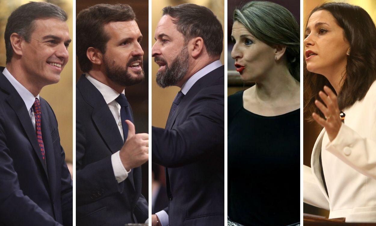 Pedro Sánchez, Pablo Casado, Santiago Abascal, Yolanda Díaz e Inés Arrimadas