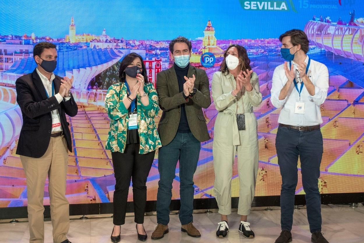 Clausura del XV Congreso del PP de Sevilla, con Virginia Pérez, Teodoro García Egea y Loles López.