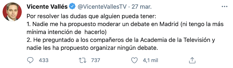Tuit de Vicente Vallés sobre el debate electoral en Madrid
