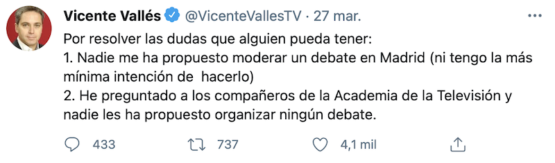 Tuit de Vicente Vallés sobre el debate electoral en Madrid Tuit de Vicente Vallés sobre el debate electoral en Madrid