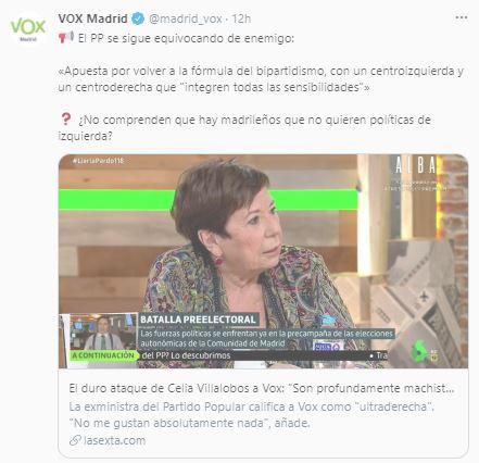 Tuit de Vox Madrid contra Celia Villalobos