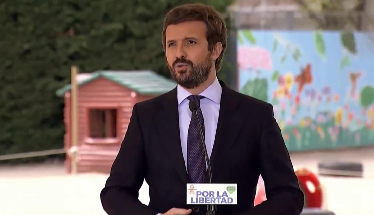 Pablo Casado durante el acto de este lunes en el Colegio Internacional J. H. Newman. Fuente: PP.