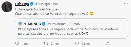 Tuit de Luis Figo contra Pablo Iglesias y su nuevo fichaje