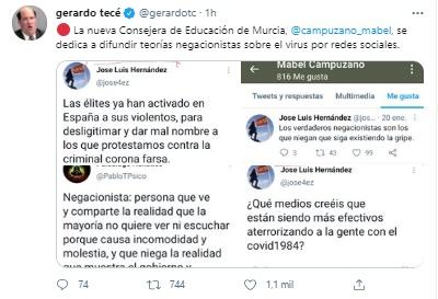 Mensajes negacionistas que ha retuiteado la que será consejera de Educación y Cultura de Murcia
