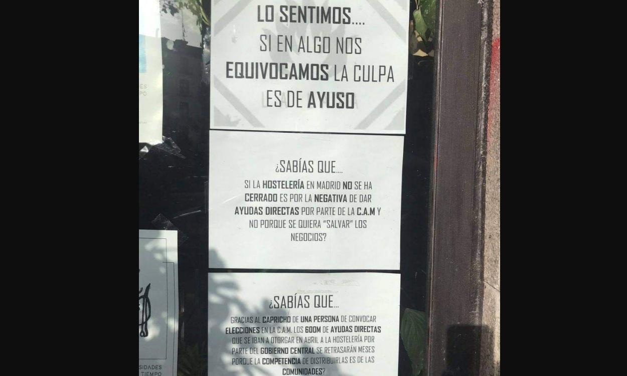 El cartel que colgó el bar La Lata de Cascorro contra Ayuso. Twitter