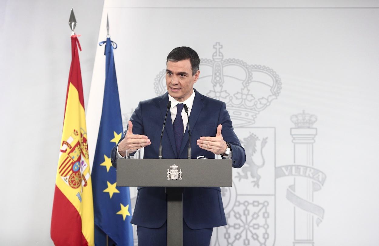 El presidente del Gobierno, Pedro Sánchez, ofrece una rueda de prensa en Moncloa, tras la celebración del Consejo de Ministros, a 6 de abril de 2021