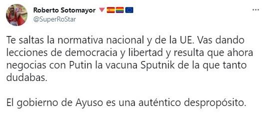 Roberto Sotomayor retrata la estrategia de Ayuso con Sputnik. Twitter
