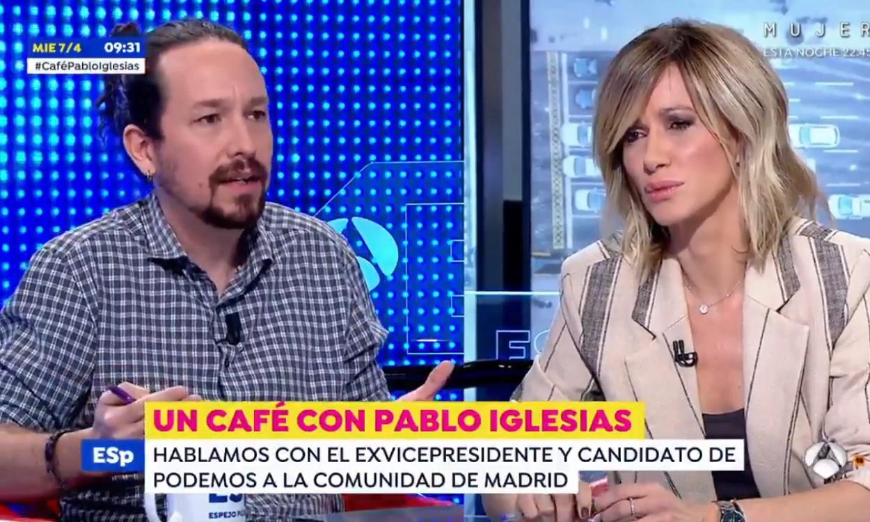 Pablo Iglesias con Susanna Griso durante la entrevista en Espejo Público. Atresmedia