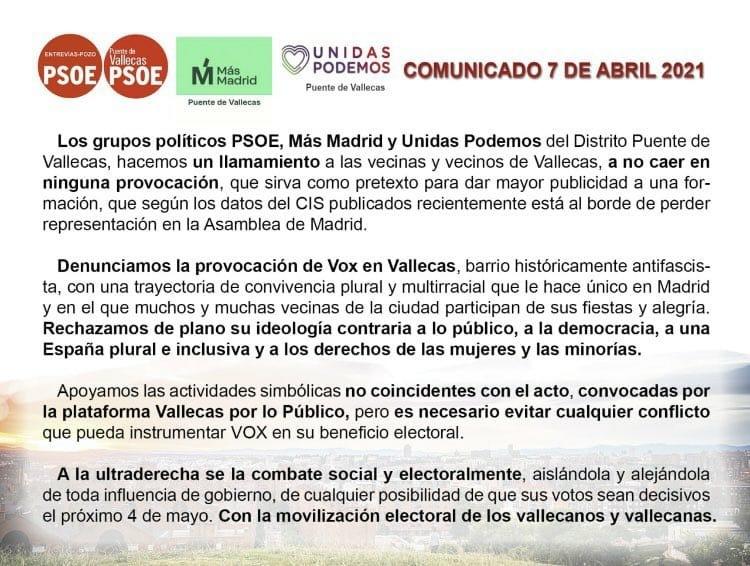 Llamamiento de la izquierda a los ciudadanos de Vallecas por el acto de Vox