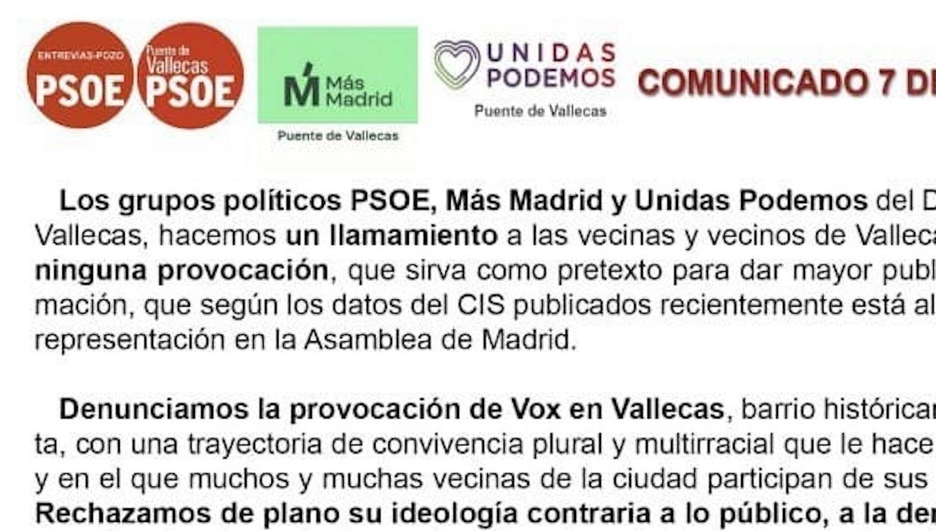 Llamamiento de la izquierda a los ciudadanos de Vallecas ante el acto político de Vox