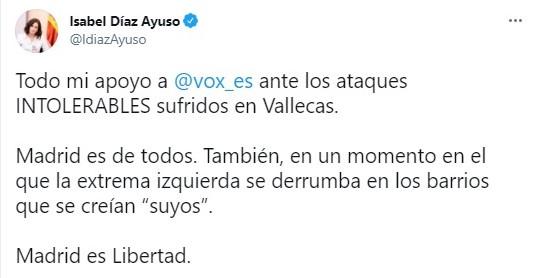 Isabel Díaz Ayuso se solidariza con Vox por lo sucedido en Vallecas, Twitter.