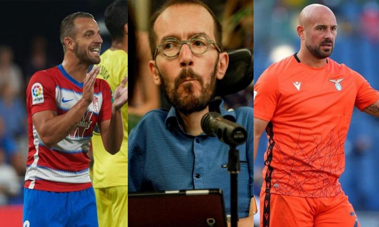 Los futbolistas Roberto Soldado y Pepe Reina y el diputado de Unidas Podemos, Pablo Echenique